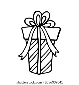 Vektorgeschenk mit Schleife. Weihnachtsschachtel mit Geschenk. Doodle-Skizze, schwarze Linie.