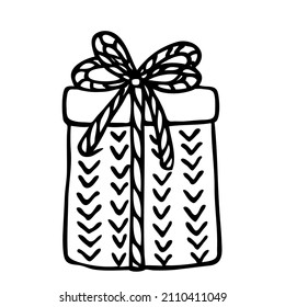 Vector gift with a bow. Christmas box with a gift. Doodle sketch, black line.