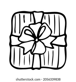 Vector gift with a bow. A funny box with a gift. Doodle sketch, black line.