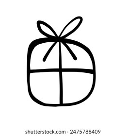 Vector gift with bow. Holiday illustration of box with gift isolated on white background. Hand drawn doodle illustration, single element.