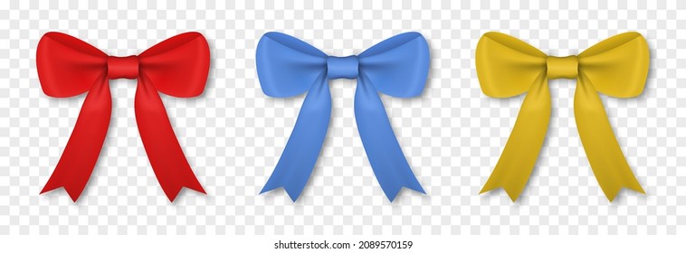 Vector gift bow on isolated transparent background. Realistic bow png, multicolored bows.