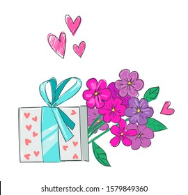 Vector gift bow valentine's day. Sketch a heart. Illustration design elements for greeting card. Bouquet of flowers.
