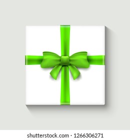 Vector gift box 3d with bow package. Present birthday box illustration top view.