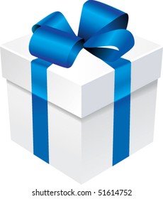 Vector gift box with blue ribbon and silk bow