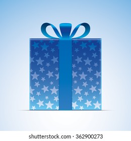 Vector gift box. Blue gift box, with stars pattern. Realistic illustration.