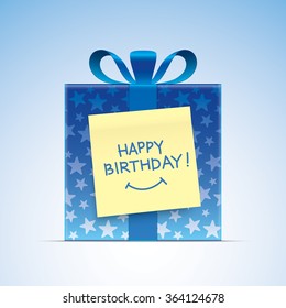 Vector gift box. Blue gift box, with stars pattern. Realistic illustration.