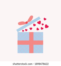 Vector gift box with bow and ribbon wrapping for present surprise saint Valentine day. Flat style, pastel colours