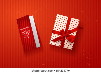 vector gift box  with bows and ribbons, postcard on red
