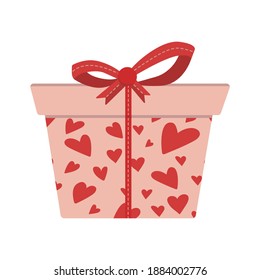 Vector gift box decorated with hearts paper and cute red ribbon bow. Cartoon flat style. Clip art for Valentines day, birthday, wedding, anniversary, romantic concept isolated on white