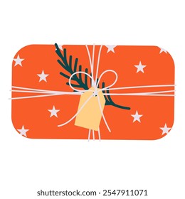 Vector Gift Box with Festive Wrapping - A rectangular orange gift box with a starry pattern, tied with a white ribbon and a pine branch tag

