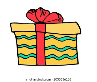 Vector gift box in flat style. Isolated yellow gift box in the style of a doodle, hand-drawn with a red bow and a green stripe pattern, isolated for a holiday template. Vector of colorful gift boxes. 