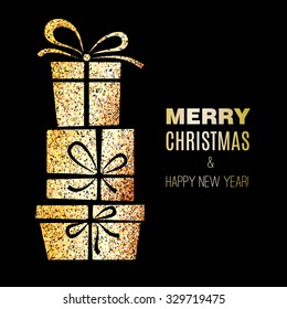 Vector Gift box with gold glitter effect. Christmas card