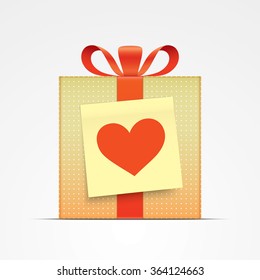 Vector gift box. Golden gift box, with sticky note and heart sign. Realistic illustration.