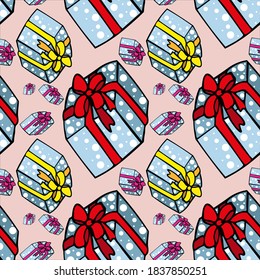 vector gift box hand drawn illustration. Gift pack fulcoloured vector seamless pattern. Christmas endless background with blue gift box , red bow ribbon.  Pink bacground christmas seamless texture