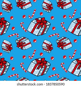 vector gift box hand drawn illustration. Gift pack fulcoloured vector seamless pattern. Christmas endless background with blue gift box , red bow ribbon.  blue background seamless christmas texture.