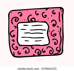 Vector gift box. hand-drawn in doodle style gift top view, black outline in pink color with swirl and rectangular signature on white background for design template. vintage surprise gift for a romanti