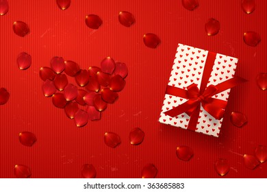 vector gift box with hearts, bows and ribbons. valentine`s card on red background . Heart of the petals