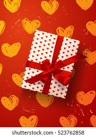 vector gift box with hearts, bows and ribbons on red background  