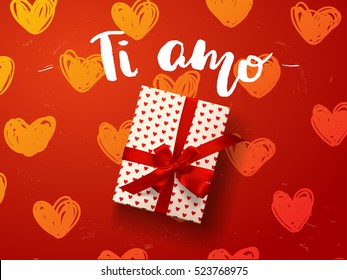 vector gift box with hearts, bows and ribbons on red background. trendy lettering poster. Hand drawn calligraphy. concept handwritten  "i love you" in Italian  