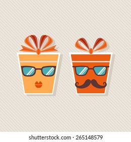 Vector gift box hipster icon. Design element for Valentine's Day, wedding, Christmas, birthday. Original funny illustration for print, web