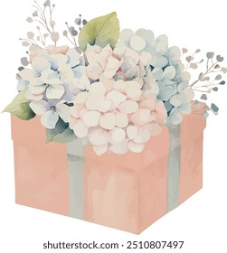 Vector, gift box with hydrangea, flowers, present, blue ribbon, velvet box, pink box, festive, Watercolor illustration, Greeting cards, invitation, party, baby shower, birthday, event, holiday.