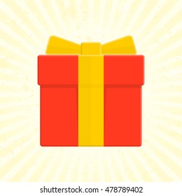 Vector gift box icon. Illustration of  Present Boxes in flat style. Red box whit yellow ribbon on sunrise background. 