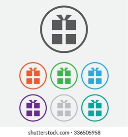 vector gift box icon. Round color square buttons with frame .