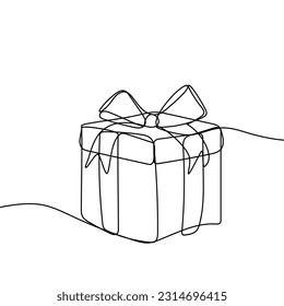 Vector gift box icon in sketch style. Ribbon wrapped present hand drawn in one continuous line.
