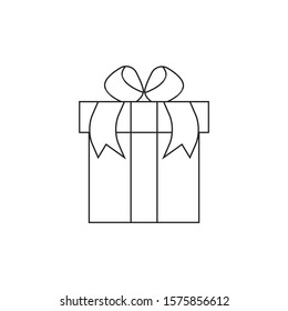 Vector gift box icon. Surprise in the box. Vector outline illustration isolated on white background.