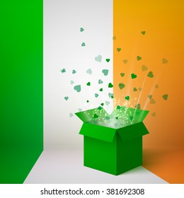 Vector gift box. Isolated gift present. Isometric gift box. Isometric box. Vector isometric box with hearts. Isolated box. Isolated present. Green gift box. Vector open isometric box. St Patricks day