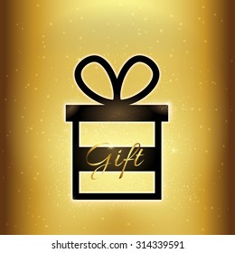 Vector gift box with magic sparkle and caption "Gift" on golden background
