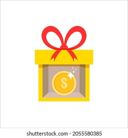Vector Gift Box with Money Coin in It Isolated on White Background, Colorful Yellow and Red Illustration, Icon Template. 