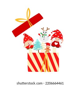Vector - Gift box open with many dolls. Gnome, Christmas tree, gingerbread, snowman. Happy New Year, X'mas, Thanksgiving, Holiday concept.