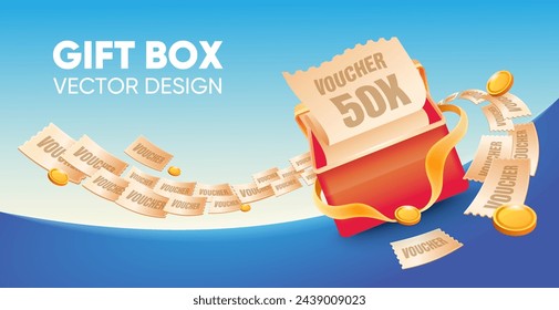 Vector gift box opens with discount code and coins fly around
