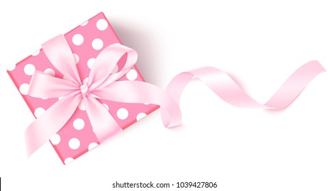 Caja de regalo vectorial con arco rosa y cinta larga aislada en fondo blanco. Decoración de vacaciones para el Día de la Madre o el Día de la Mujer. Ilustración del vector