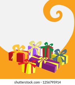 vector gift box or present boxes in many colors on white and orange background