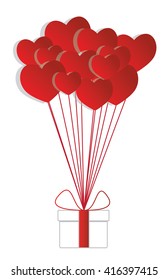 Vector gift box with red ribbon and red heart balloons