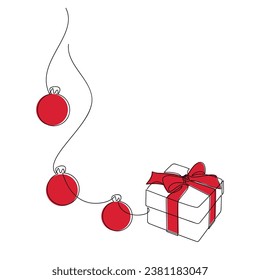 Vector gift box with ribbon bow and red ball bauble. Christmas present line continuous drawing. Graphic illustration, print, banner, greeting card, poster, sign, symbol, ornament, holiday decor.