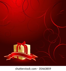 Vector gift box with ribbon over red background
