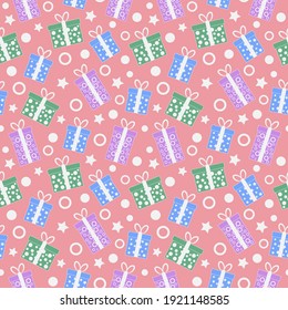 Vector gift box seamless pattern, background for design.