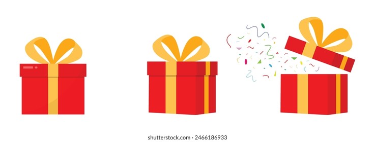 Vector gift box set with closed and opened surprise boxes in red and yellow colors. Flat style gift box with ribbon for New Year or Christmas present.