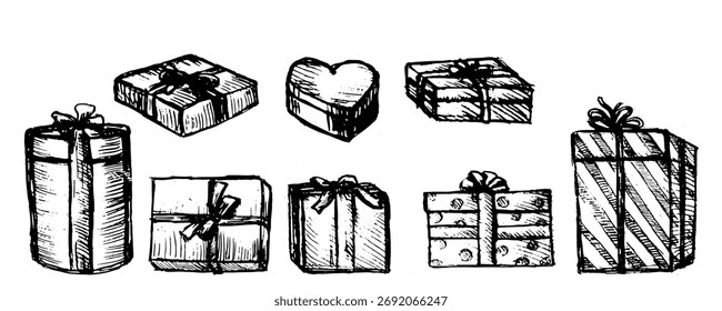 Vector Conjunto de boceto de caja de regalo. Navidades colección de cajas presentes. Ilustración vectorial dibujada a mano de regalos en diferentes cajas, se puede utilizar para tarjetas de felicitación, etiquetas e invitaciones.