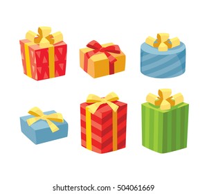 Vector gift boxes ,carton wrapped with red gold ribbon bow isolated on white. presents for Birthday, Christmas, Valentine's Day, holidays.