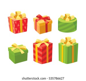 Vector gift boxes ,carton wrapped with red gold ribbon bow isolated on white. presents for Birthday, Christmas, Valentine's Day, holidays.