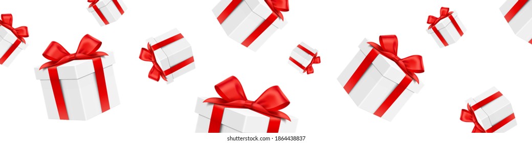 Vector gift boxes falling down on a white background. Realistic gift boxes, with red satin ribbons, horizontal web banner. Christmas, Happy New Year, Birthday, or holiday sales, wide backdrop.