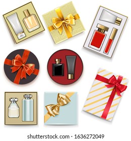 Vector Gift Boxes with Perfumery isolated on white background