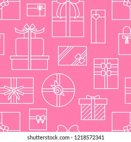 Vector gift boxes and presents pattern in linear style, white and pink colors