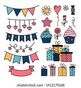 Vector Gift, Bunting, Garland, Cupcake, Candy, Hearts. Holiday Party, Love Symbols Doodle Set. Valentines Day, Birthday, Christmas present, decoration. Event celebration. Design elements isolated