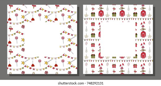 Vector gift cadrs with Christmas and new year attributes. Winter design with cartoon elements. Xmas design