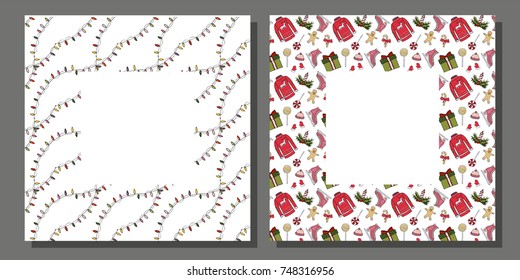 Vector gift cadrs with Christmas and new year attributes. Winter design with cartoon elements. Xmas design